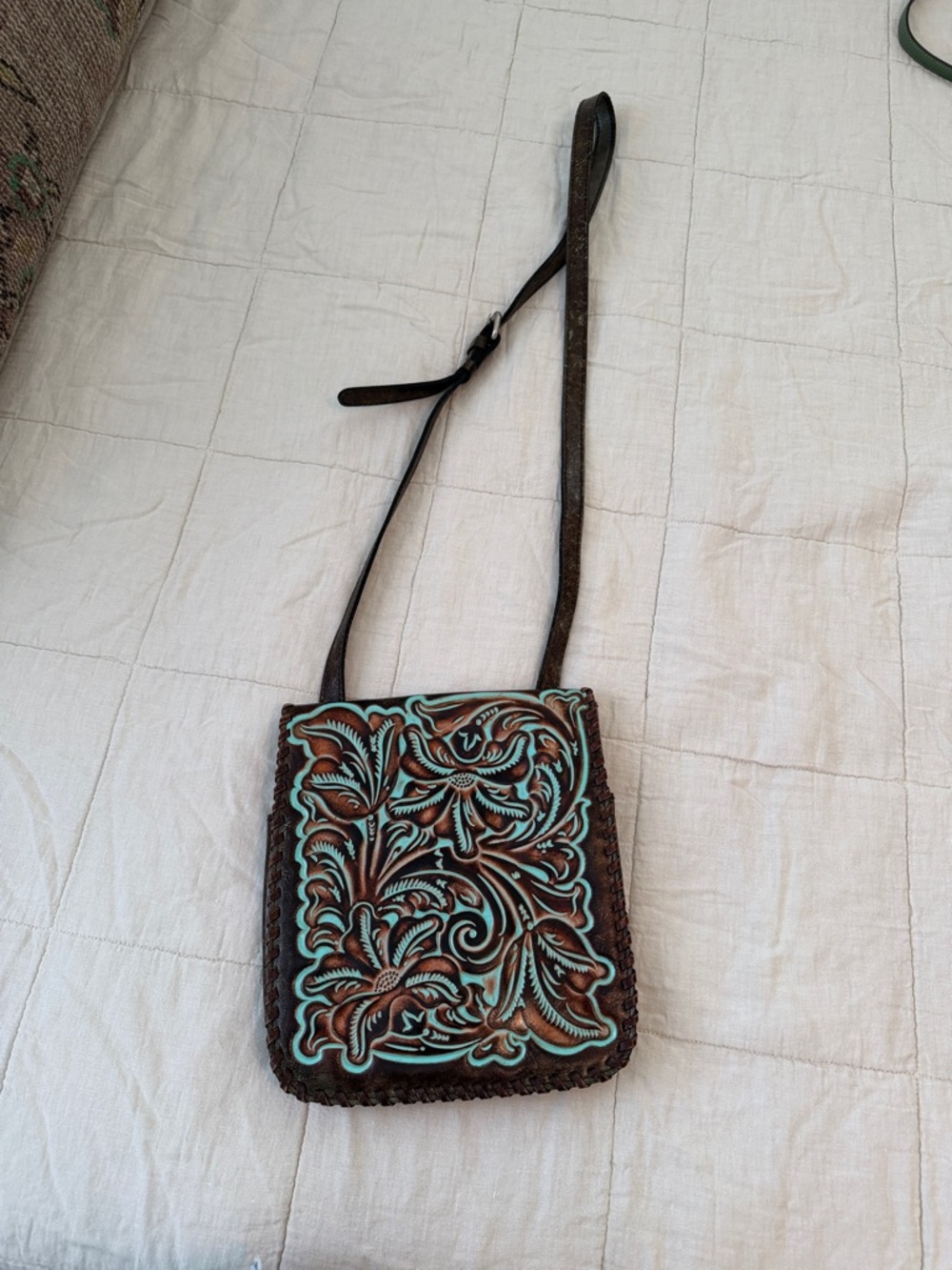 Patricia Nash Brown Leather Crossbody with Turquoise Tooled Detail